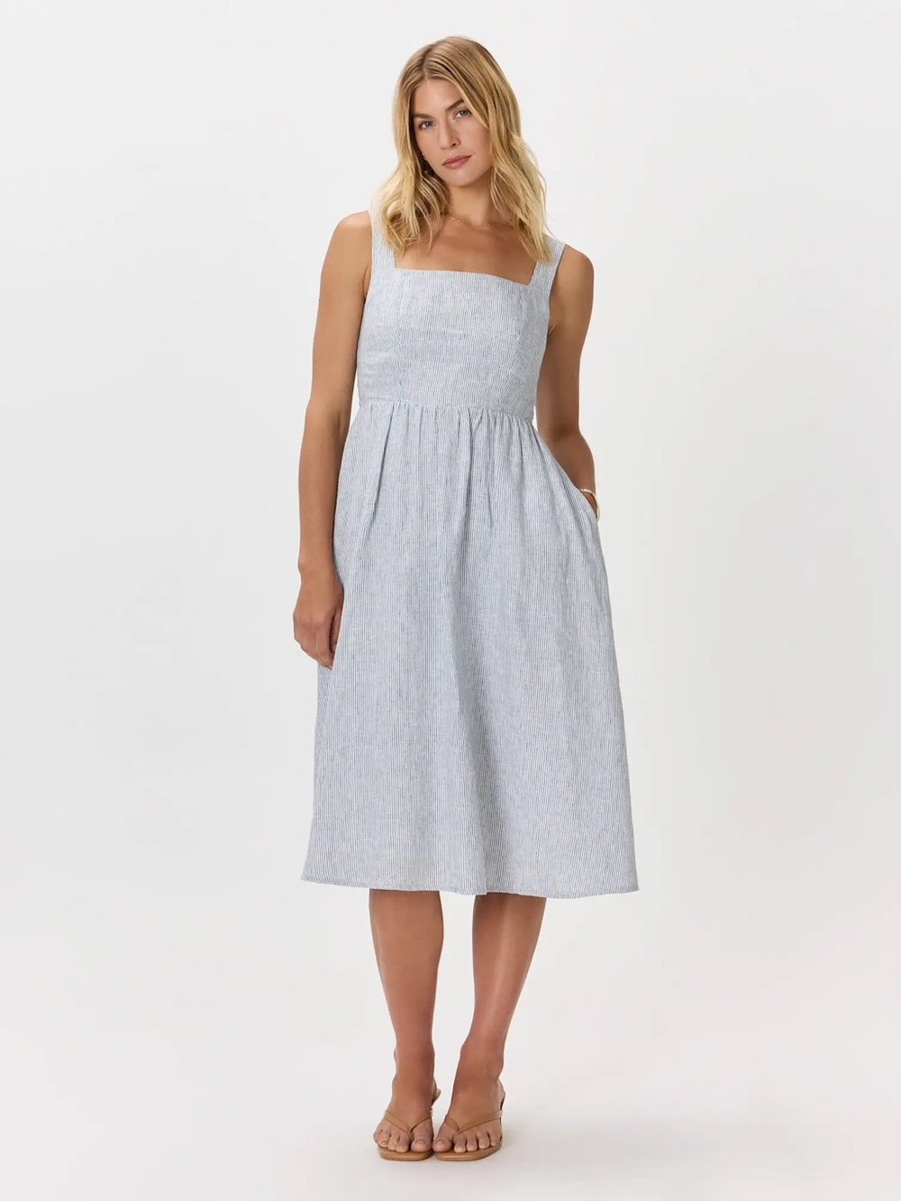 NWT Quince 100% European Linen Fit & Flare Midi Dress in Blue Pinstripe -Medium
